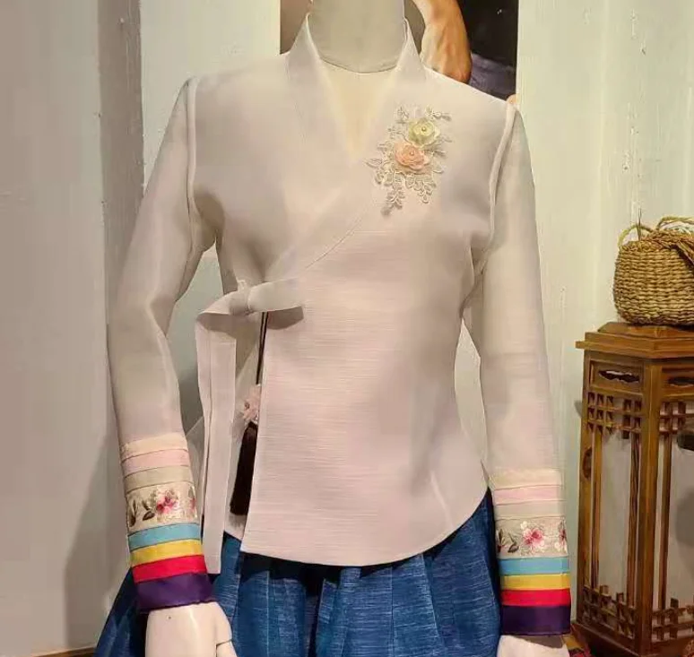 Korean Woman Shirt Flok Tops Spring Tradition Blouse Stage Hanbok