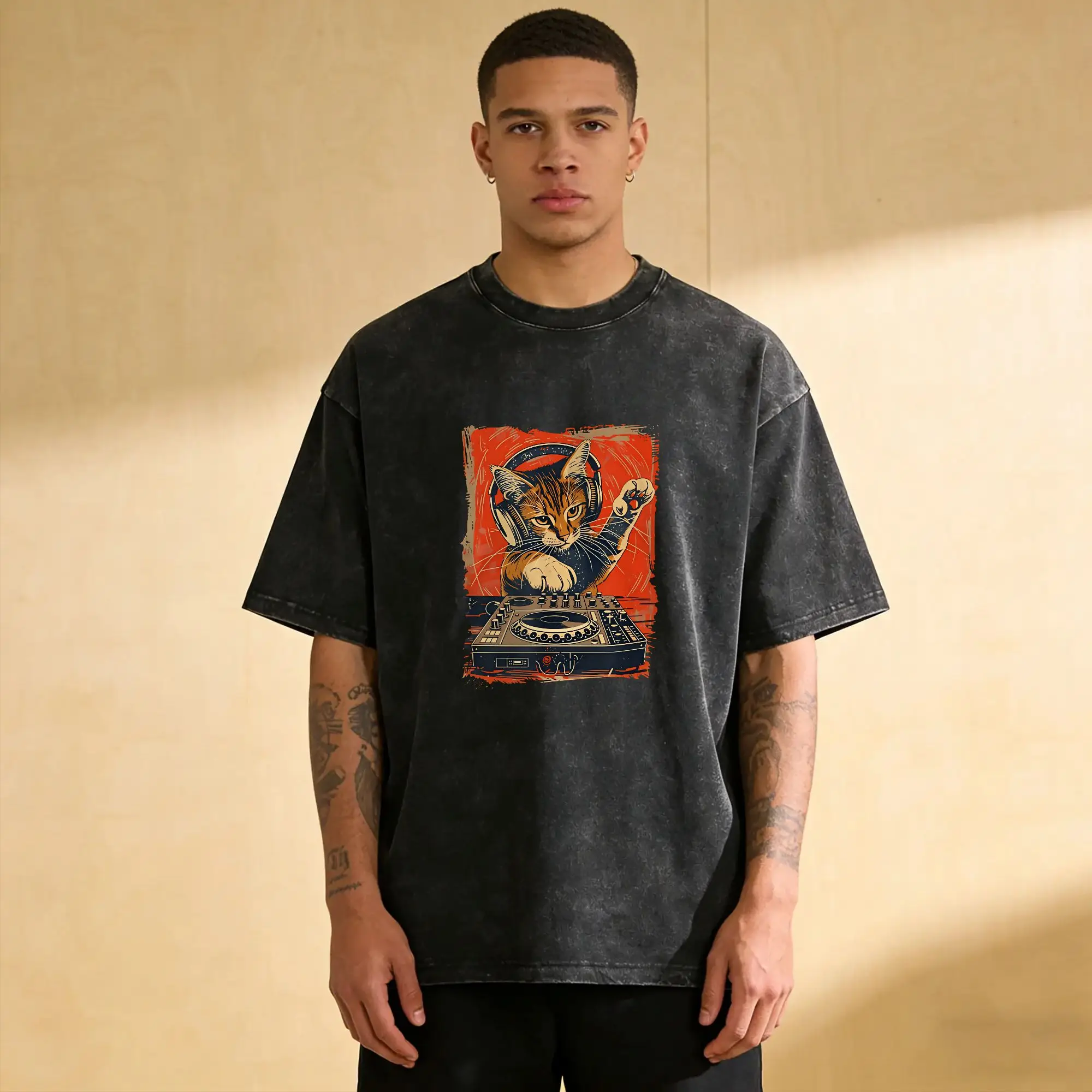Men Women T-Shirt Cat DJ Graphic Washed T-Shirts Trending  Summer Tee Shirt Y2K Retro Design Casual Tops Dropshipping