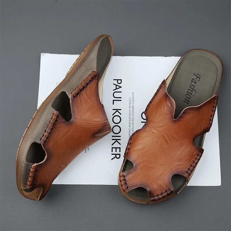 Summer Men\'s sandals Outdoor beach Genuine Leather slippers open-toe sandals Roman shoes summer casual shoes big size：38-48