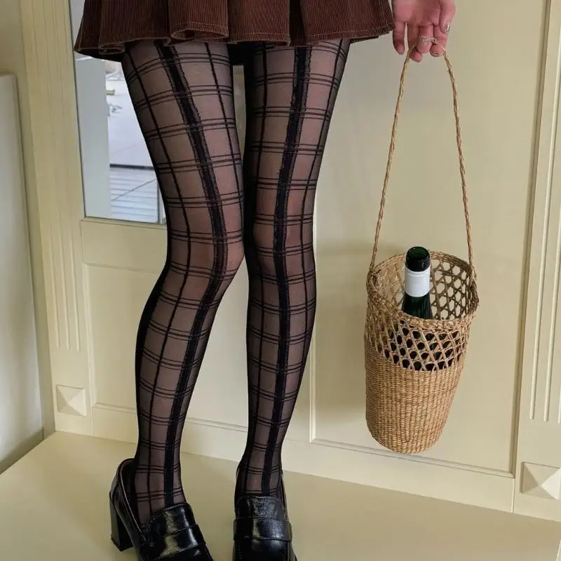 

L5YC Plaids Checkered Pattern Sheer Black Tights Stockings for Women Japanese Elegant Gothic Silk Pantyhose Legggings
