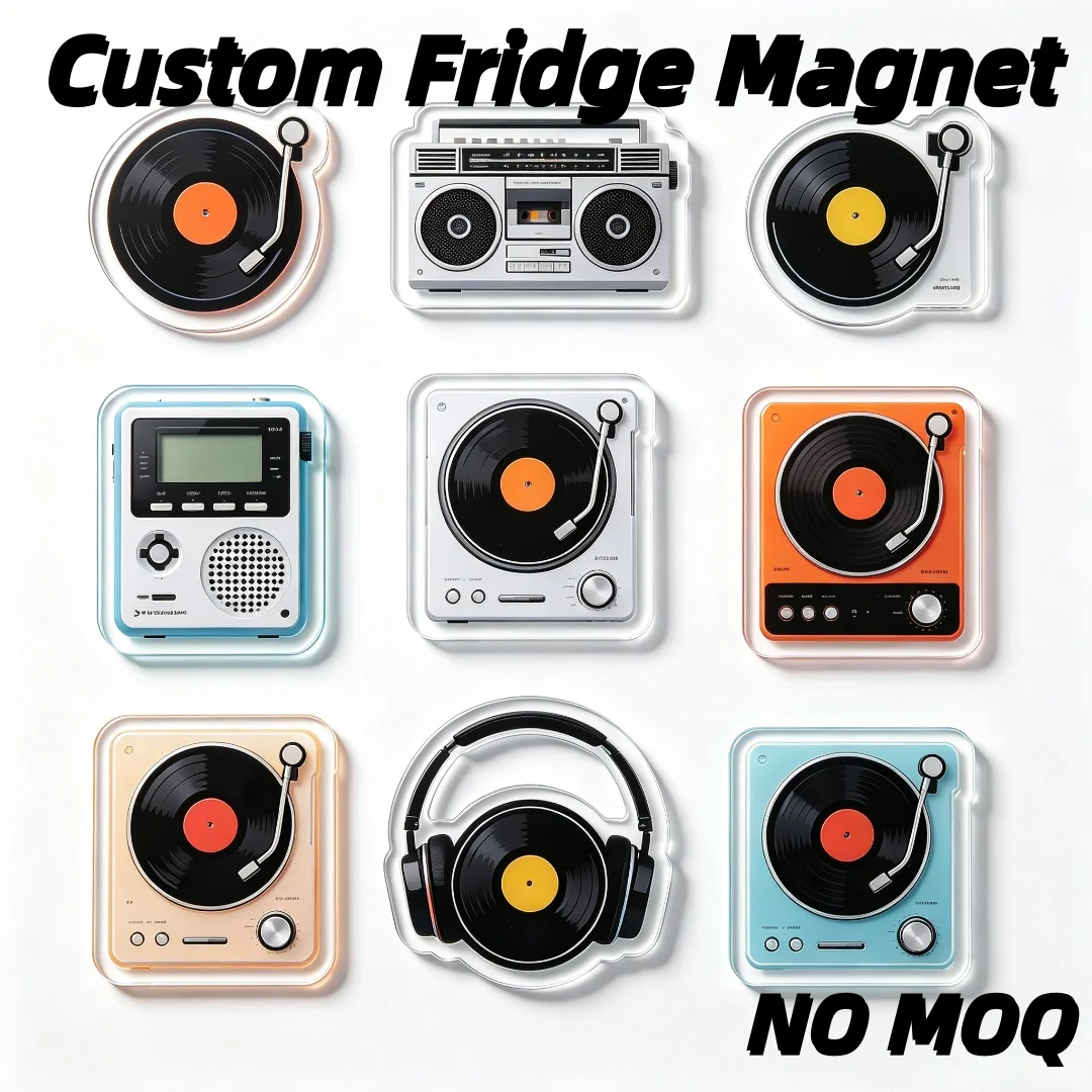 Custom Acrylic Fridge Magnet Vintage Music Record Player Headphone Radio Shape Refrigerator Magnets No MOQ Home Decor Gift