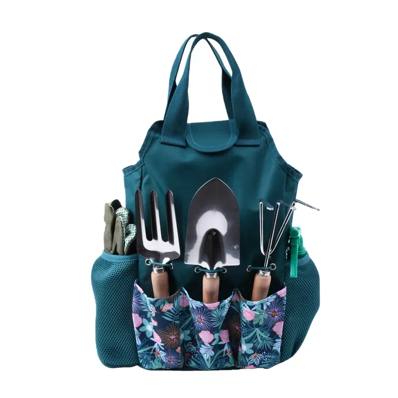 for JLD Portable Multi-Functional Gardening Caddy Organizer 600D Polyester Print Garden Storage Tool Bag Blue Green