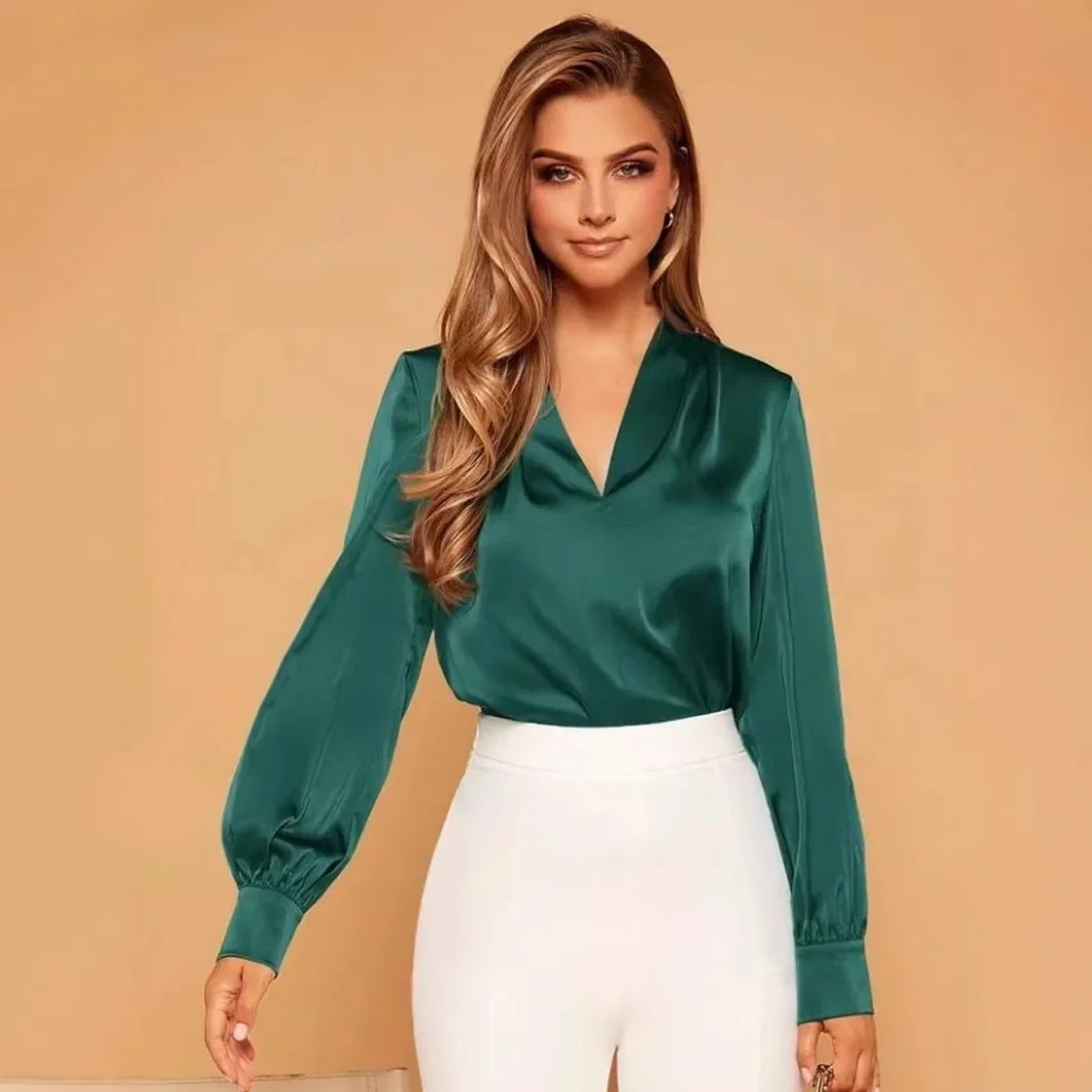 Chemise en Satin à manches longues et col en v pour femme, haut boutonné, à la mode et élégant, pour la saison d'automne
