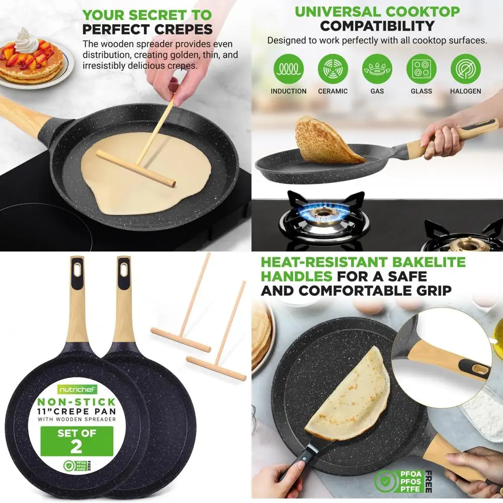 

Nutrichef 2-Pack Non-Stick Crepe Pan Set – 11” Marble Coated Dosa Pans with Wooden Spreaders, Bakelite and Wood Handles, Inducti