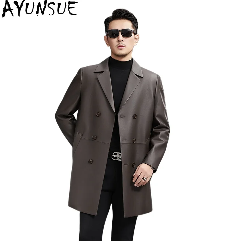 

AYUNSUE Real Sheepskin Leather Trench Coat Men Suit Collar Mid-length Genuine Leather Jackets Man Fashion Brown Leather Jacket