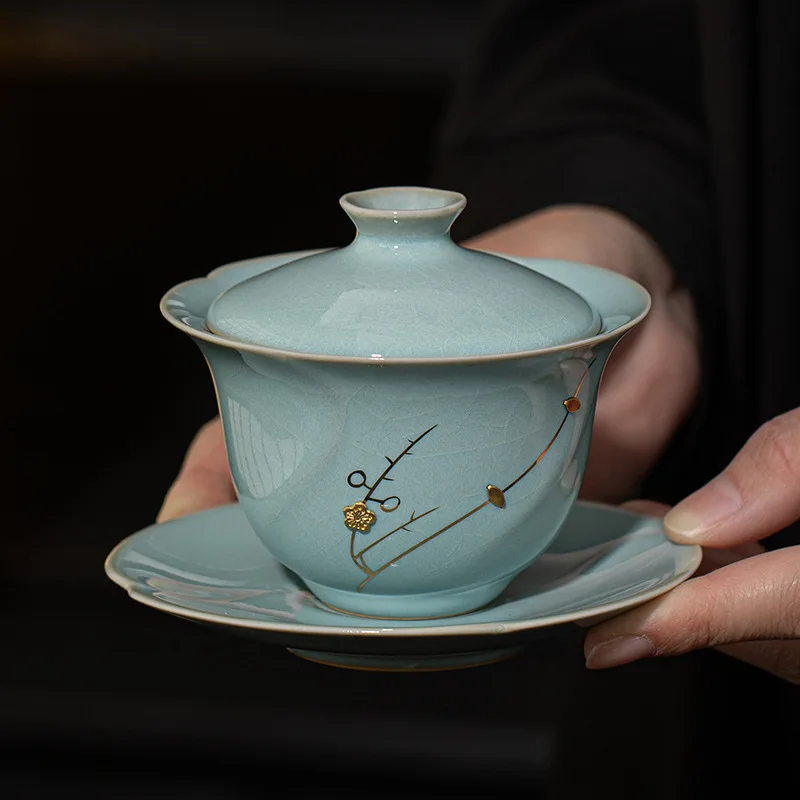 Ru Ware Gaiwan Handmade Nail Tea Brewing Bowl Light Luxury High-End Anti-Scald NationalPorcelain Opening Film Supportable Ladies