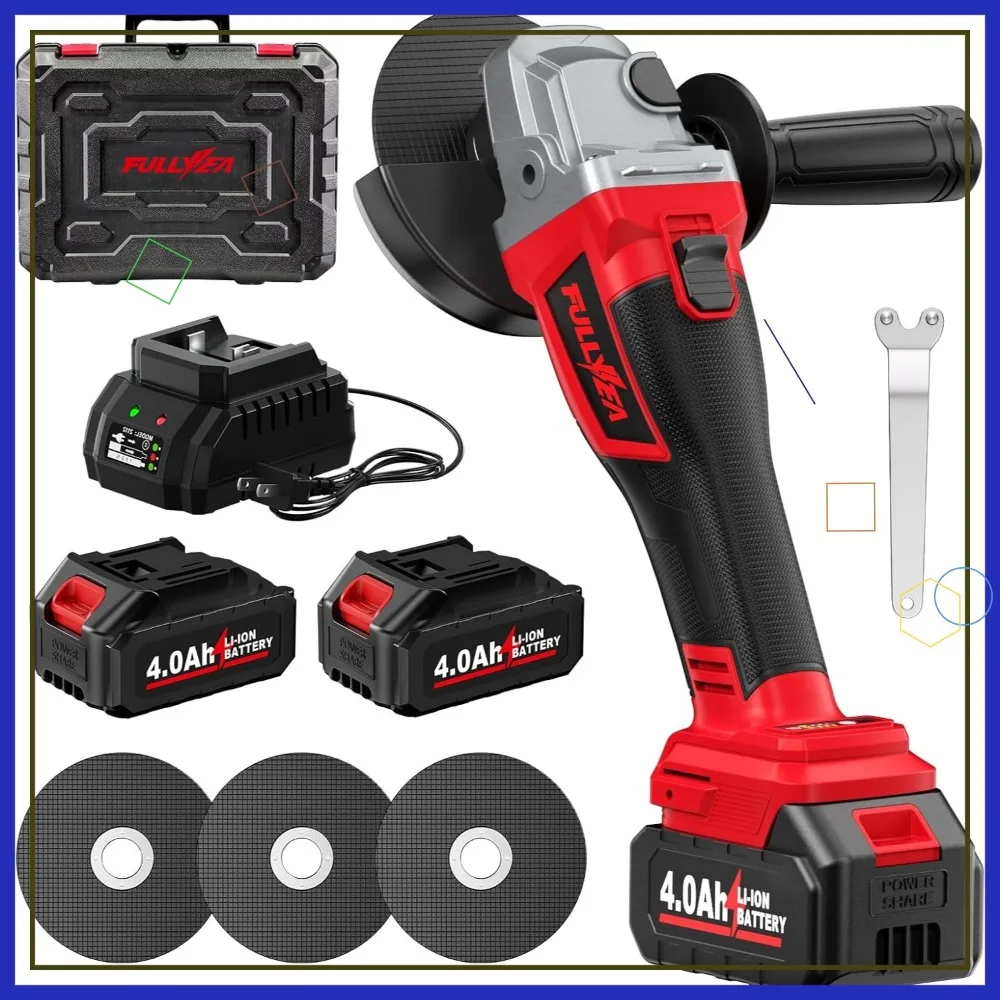 

Аккумуляторная бесщеточная угловая шлифмашина 4-1/2 дюйма, 12000 об/мин, с 2 аккумуляторами, зарядным устройством и набором отрезных кругов (красная)