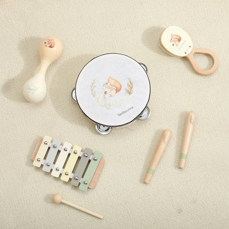 Baby 1-3 Year Montessori Musical Instruments Wooden Musical  Interactive Game Newborn Cartoon Squirrel Pattern Educational Gifts