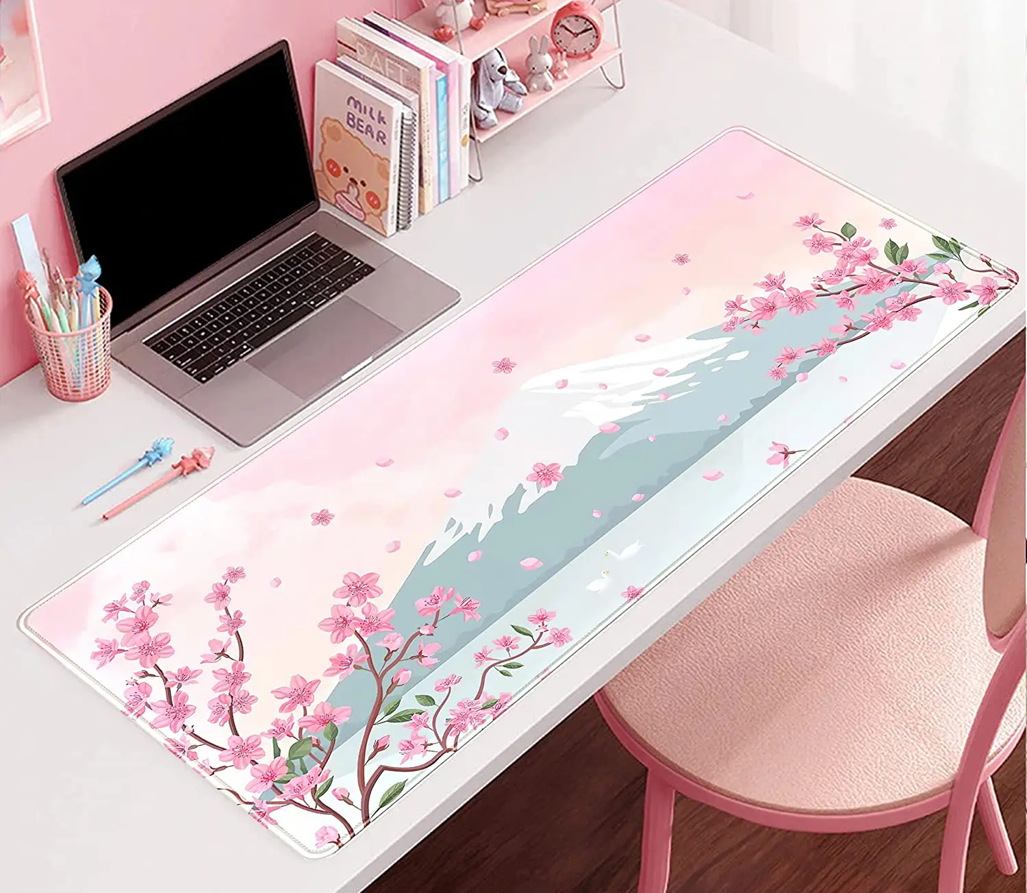 Japanese Desk Mat Pastel Pink Mouse Pad Mt Fuji Japan Large Gaming Anime Mousepad XXL 31.5x11.8 in Kawaii Flower Cute Decor