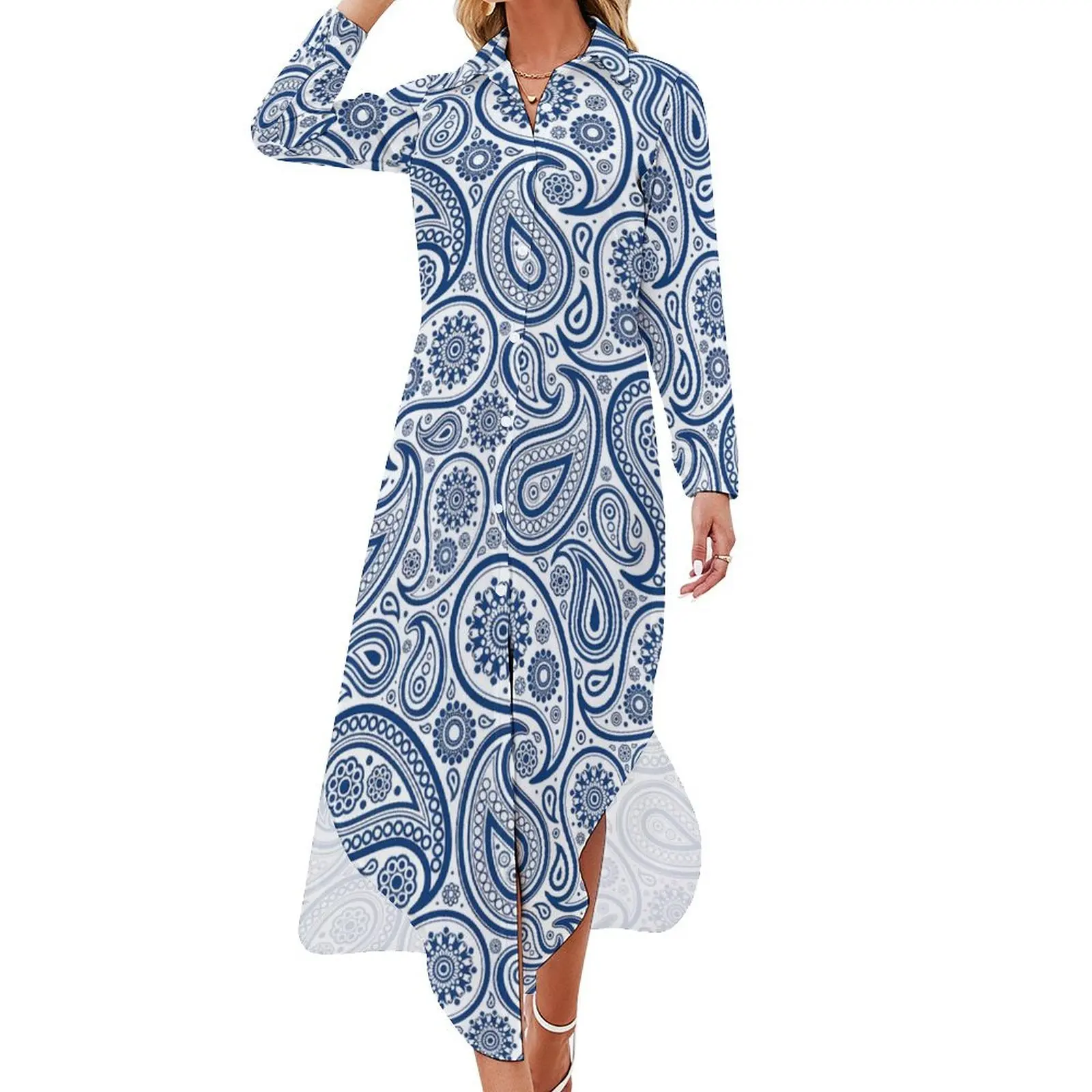 

Vintage Paisley Casual Dress Blue And White Street Wear Dresses Sexy V Neck Modern Chiffon Dress Long Sleeve Clothing Big Size