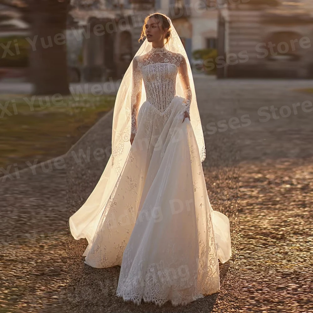 Gorgeous A Line Women's Pretty Lace High Neck Long Sleeve Wedding Dresses Vestido De Novia Bride Gowns Customized Robe De Mariée