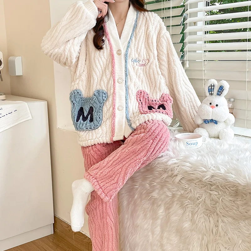 Autumn Fall Winter Thick Warm Fleece Maternity Nursing Sleepwear Pants Sets Loose Pajamas Suits Pregnancy Sleep Home Lounge Wear