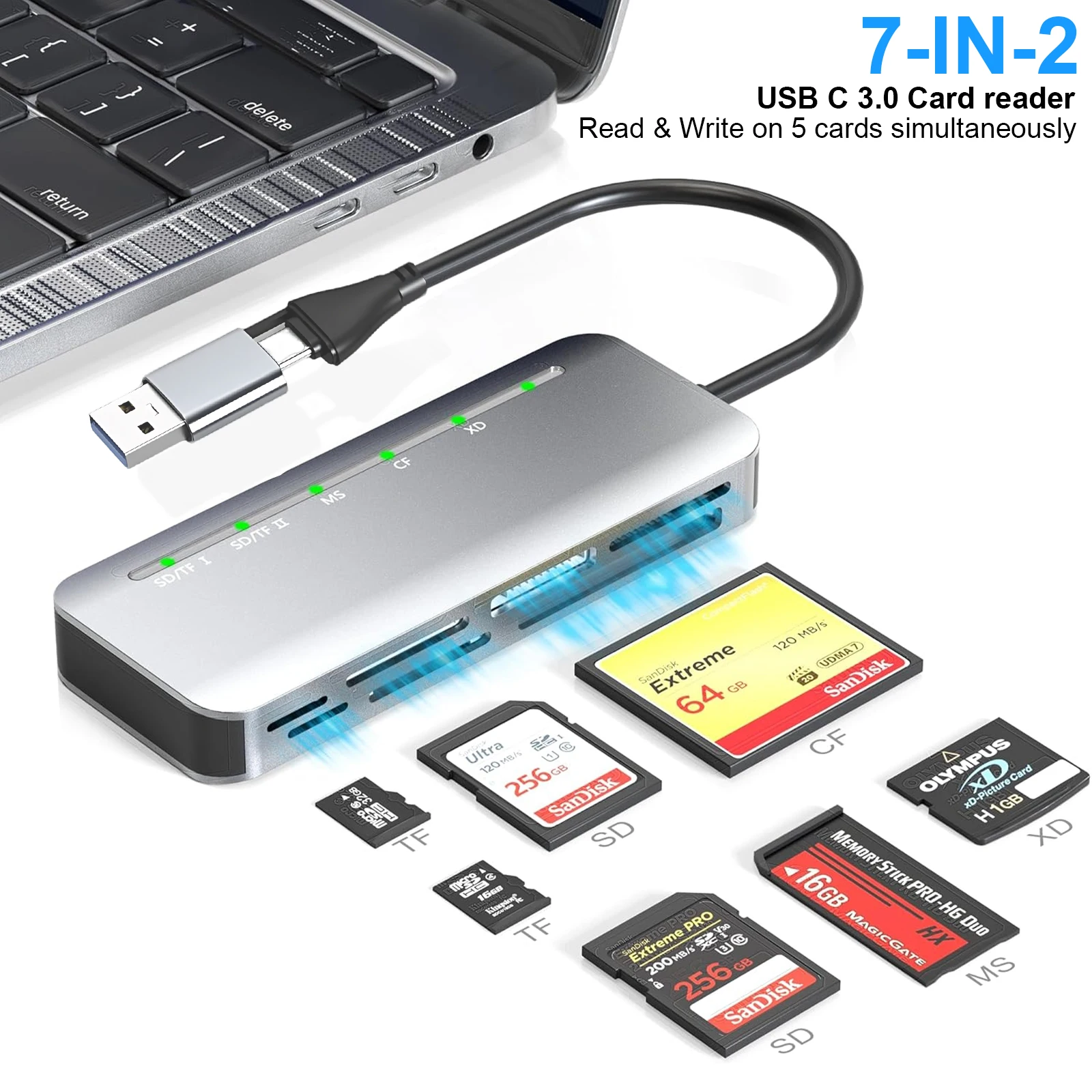 

7 in 1 Multi Memory Card Reader USB C USB SD Card Reader for SD TF CF XD MS SD，for PC Plug and Play