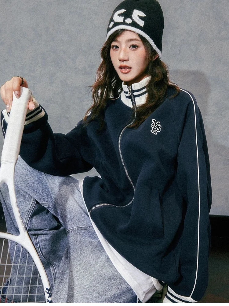 Grey Stand Collar Baseball Jacket for Women & Men Retro Sweatshirt Style Casual Lazy Outerwear