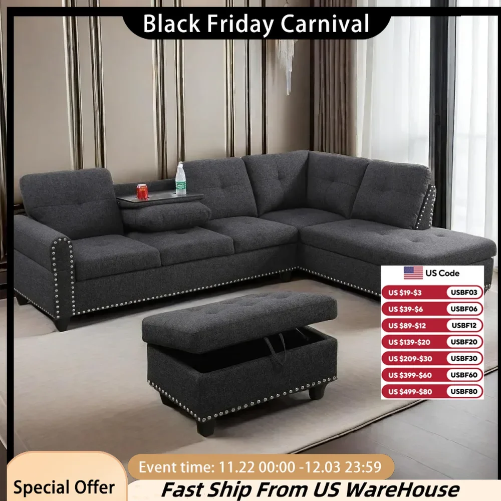 Sectional Sofa with Ottoman Nail-Head Design Linen Right Facing Modern Couches with Cup Holder L Shaped Sectional Sofa