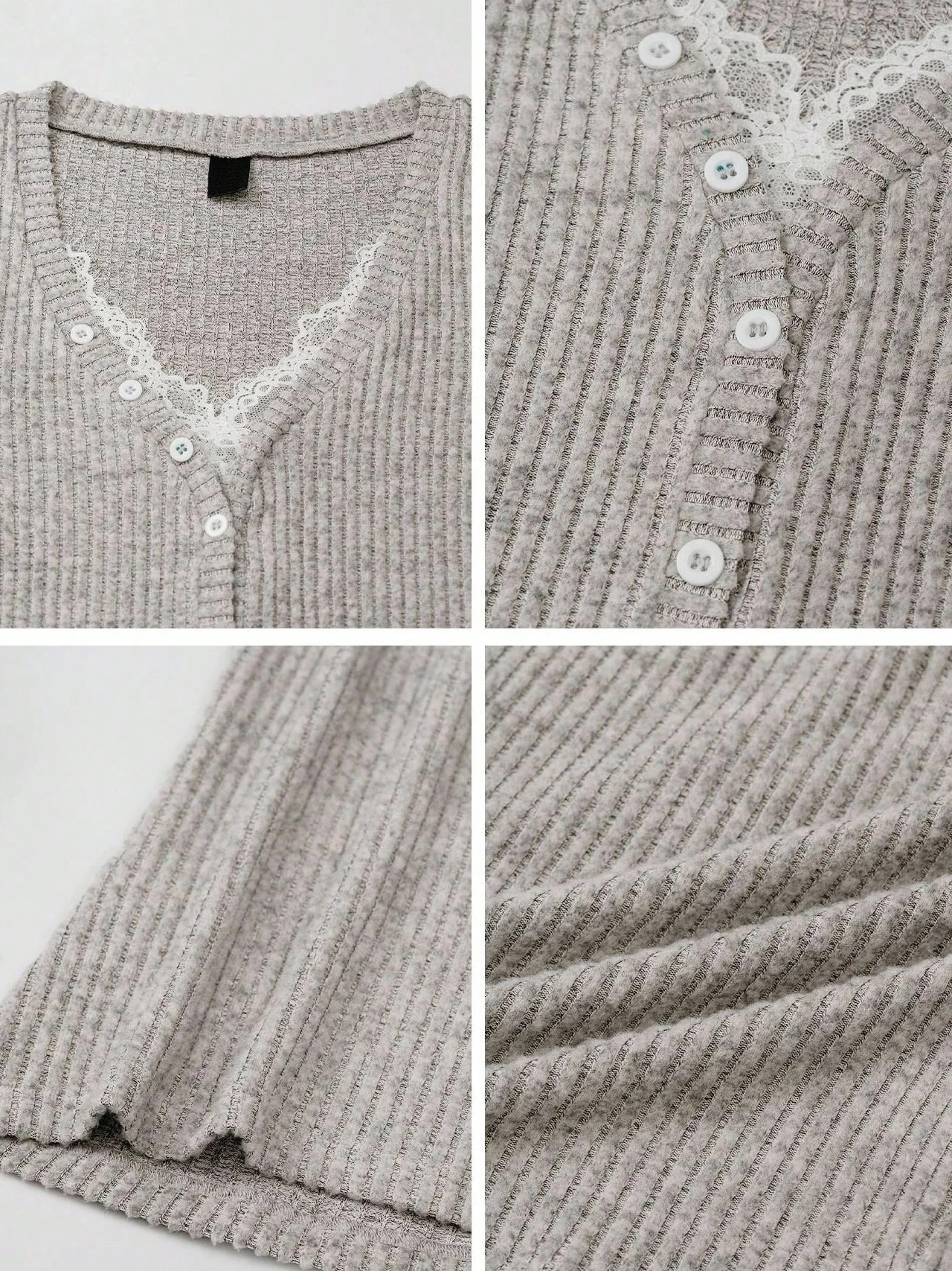 Damen Sexy Süßes Schlankes Oberteil mit V-Ausschnitt und Langen Ärmeln, Spitzen-Patchwork, Dekorative Knöpfe, Gerippt, Gebürstet, Einfarbig, Lässig für den Alltag – Detail 4