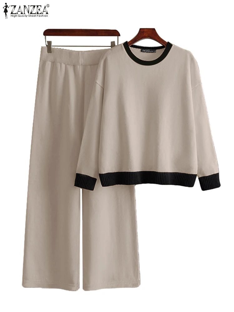

ZANZEA Spring Casual Loose Loungewear Suits Long Sleeve Hoodies Women Contrast-Color Wide Leg Pants 2pcs Outfits Terry Pant Sets