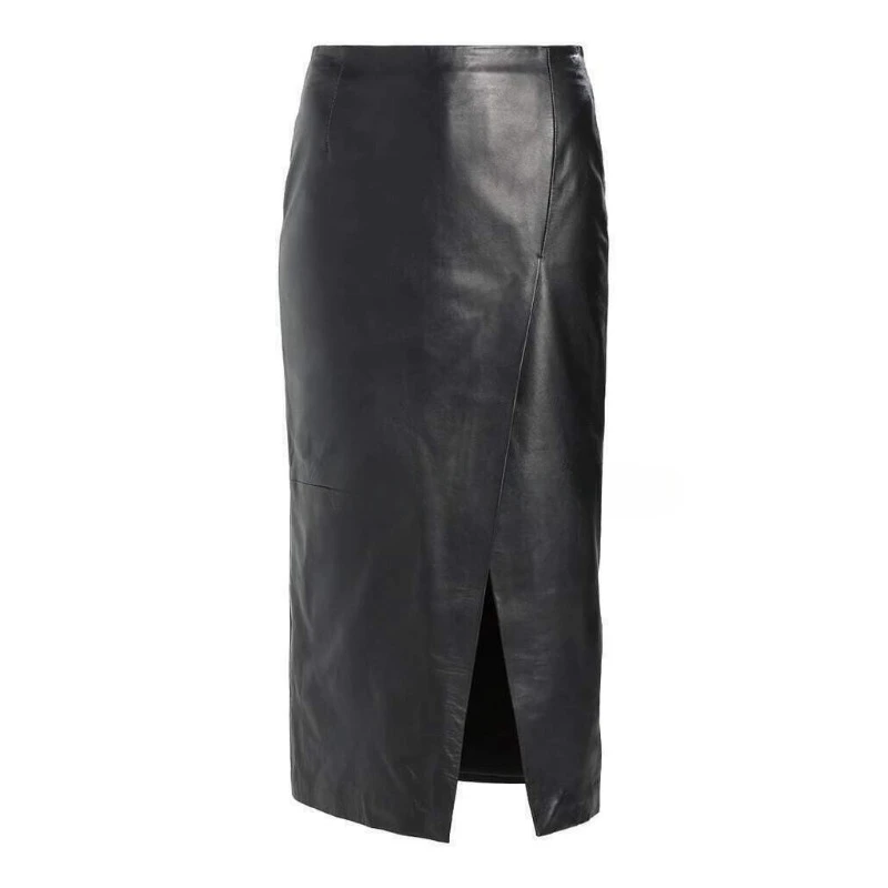 

NEW Women Authentic Lambskin 100% Leather Skirt Black Below Knee Slit Skirt