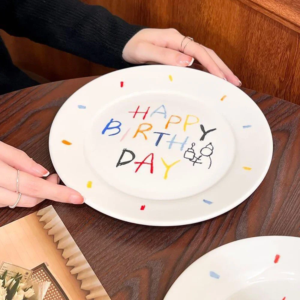 Korean Style Ins Ceramic Plate Round Letter High Grade Homehold Tableware Afternoon Tea Dessert Cake Fruit Snacks Plates