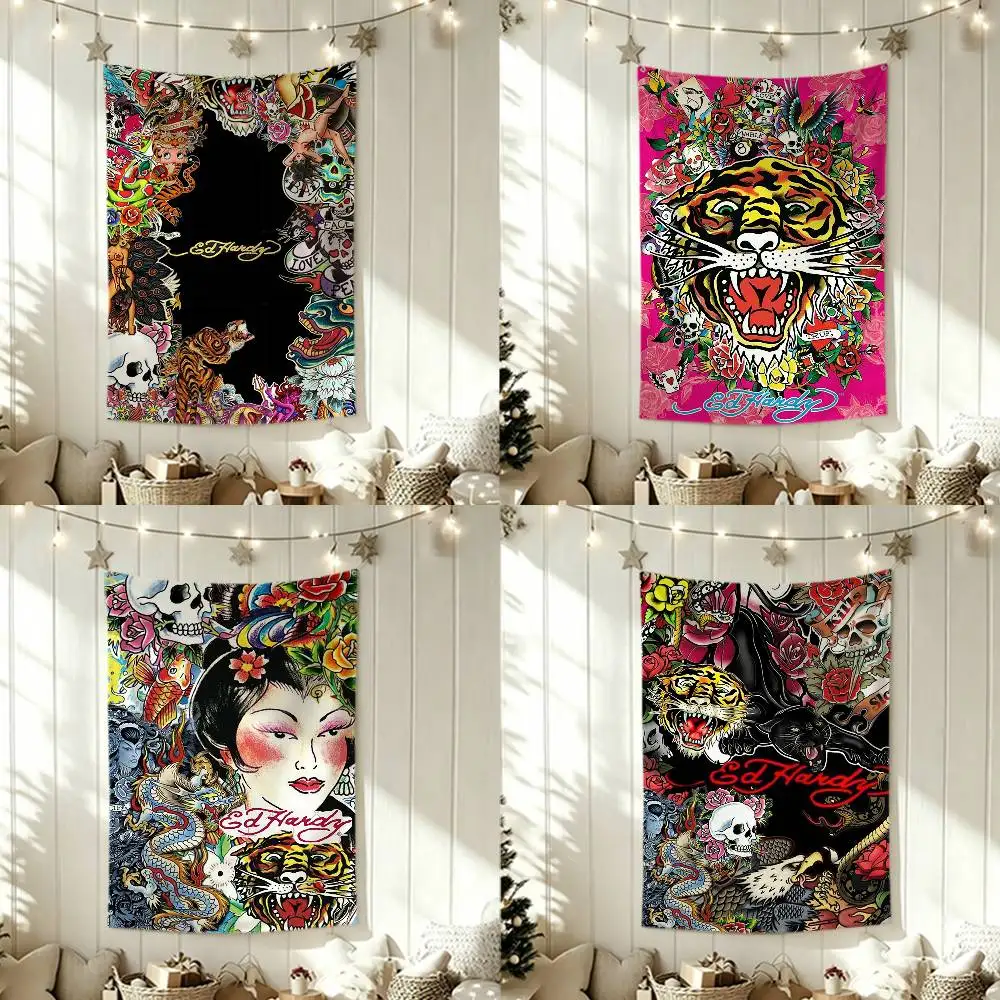 E-Ed Hardy Tiger Brands  Flags Wall Hanging Tapestry Outdoor Garage Room Decorative flag Background Blanket