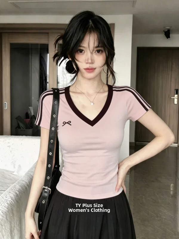 plus Size Sweet Girl Style Color Block V Neck Short T Shirt Summer Slimming Side Pleat Cut out Atmosphere Travel Top Women's ...