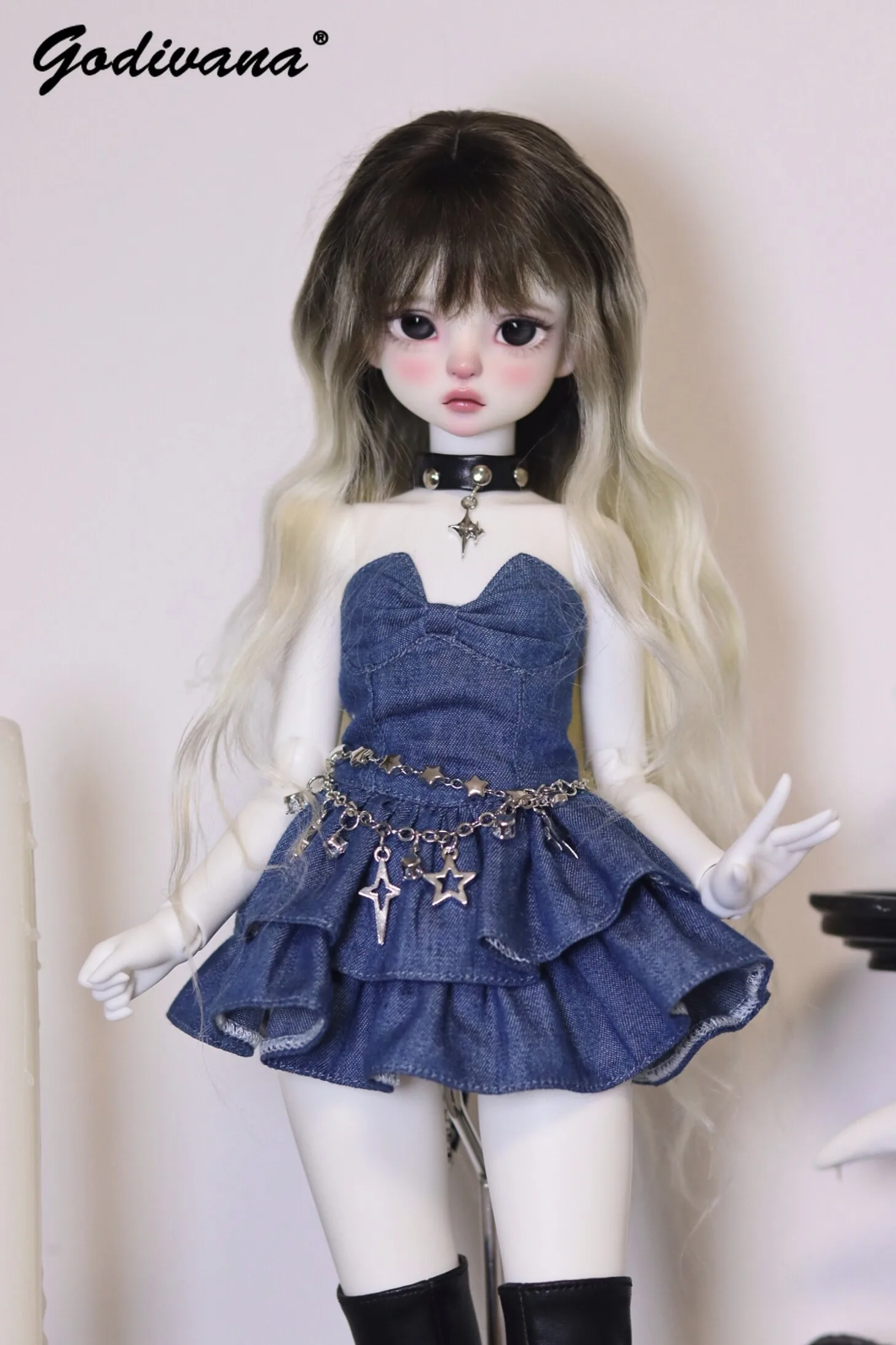 Cool Street‑Style Y2K 1/4 BJD Doll Dress Blue Denim Strapless Gown Star Pendant Chain Ruffled Layered Mini Skirt Doll Costume - view 5