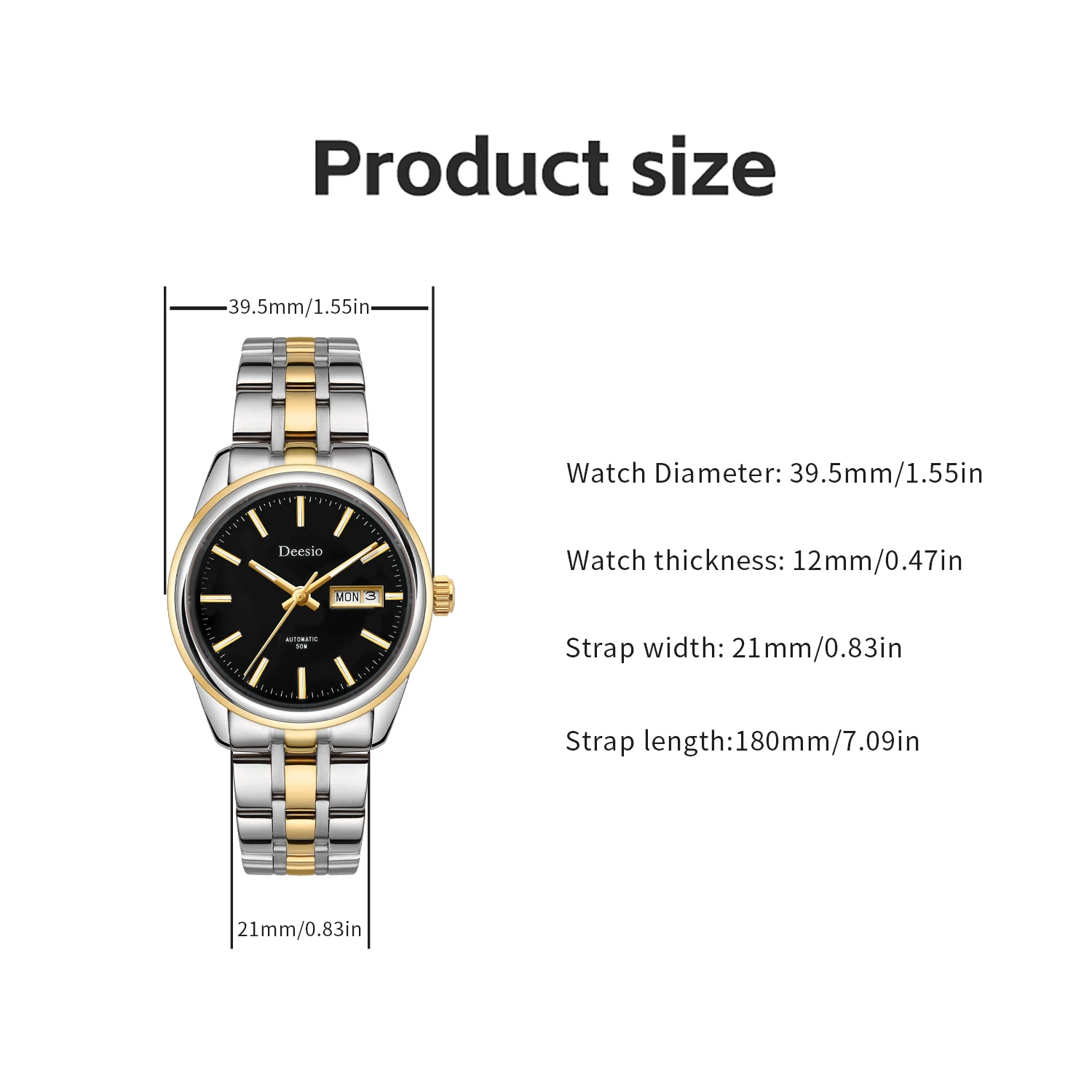 Deesio Men's Automatic Mechanical Watch Battery Free, Precise Timing Black Dial with Gold Hands 316L Stainless Steel Mens Gifts view 6
