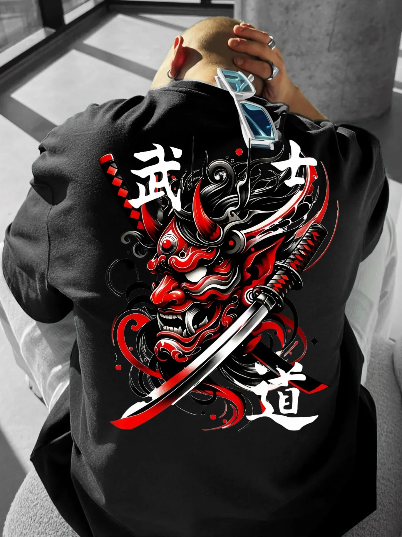Men's Japanese Oni Graphic T Shirt 100% Cotton Samurai Demon Mask Katana Tattoo Print Vintage Streetwear Oversized Summer Tee