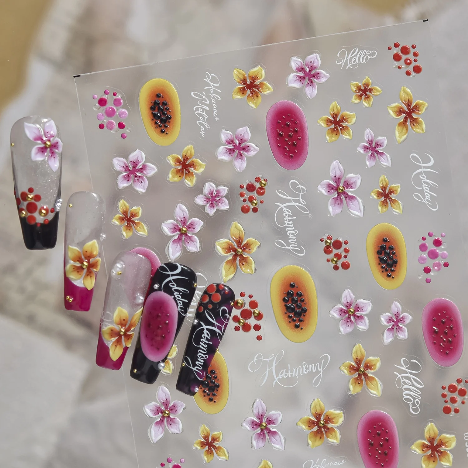 Tropische Früchte 5D Nagelaufkleber Papaya-Frucht Fünfblättrige Blume Rote Beerenbündel Sommerurlaub Selbstklebende Aufkleber Maniküre