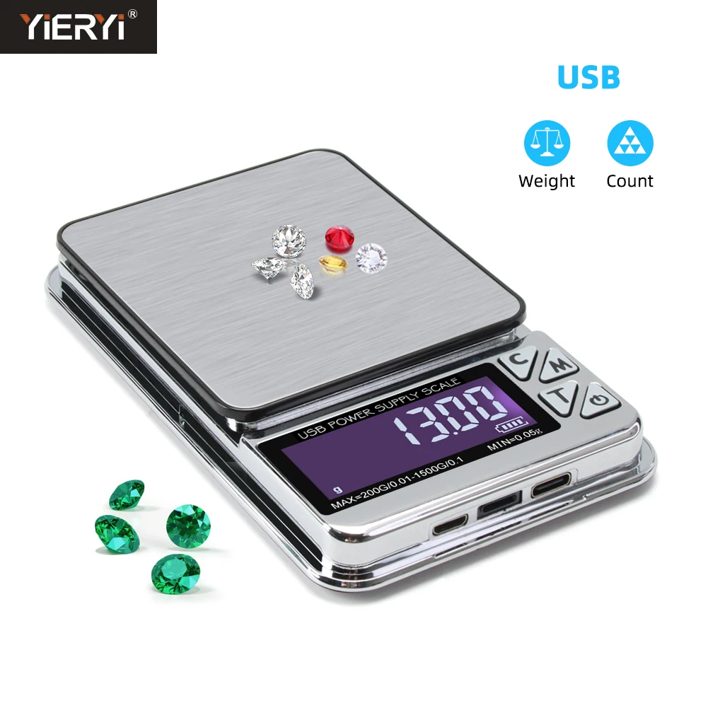 High Precision Jewelry Scale 1000g/600g/200gX0.01g Digital LCD Count Electronic Scale Stainless Pocket Kitchen Scales USB Charge