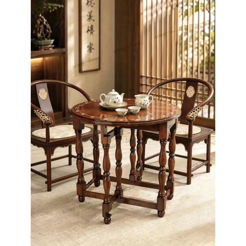 Factory Direct peach blossom core solid wood nut dining table household foldable storage eating round table high-end