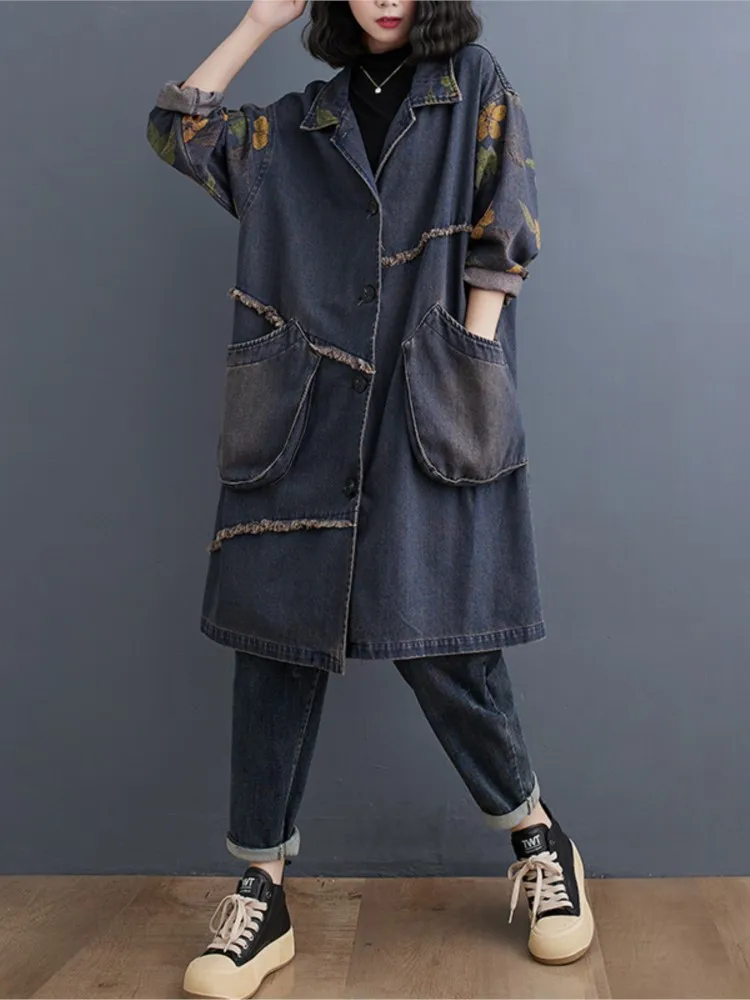 Oversize Denim autunno lungo Trench donna Casual sciolto Modis pieghettato signore frangivento stampa a righe donna Trench 2023