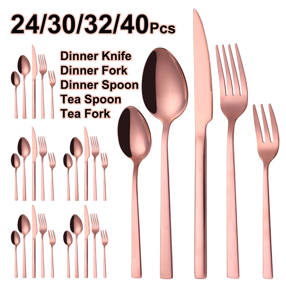 24/30/32/40Pcs Rose Gold Cutlery Stainless Steel Tableware Western Black Dinner Set Mirror Knife Fork Spoon Thin Flatware