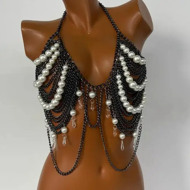 

Модный топ-жилет с металлической цепочкой, жемчужными вставками и 3D-эффектом, А-силуэт, узкие бретельки