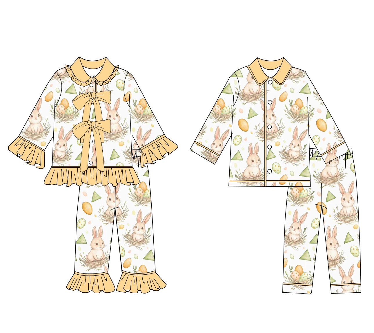 Easter Themed Children's Pajamas Set for Brothers And Sisters Bunny Carrot Egg Print Long Sleeve Long Pants Boutique Sleepwear