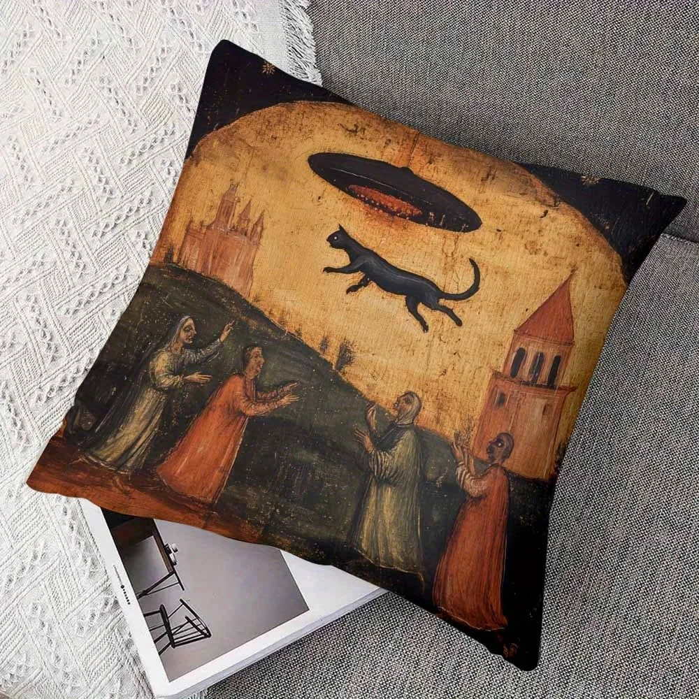 Vintage Religious Flying Black Cat Pillow Case Double-sided Mysterious Magic Throw Pillow Cover for Fantasy Room Home Decor