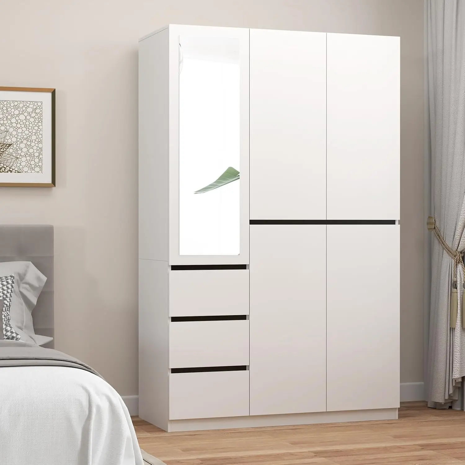 3 Closet, Wardrobe Closet with 3 Drawers, Freestanding Wardrobes with 3 Hanging Rod and a Mirror for Bedroom, White (20.5