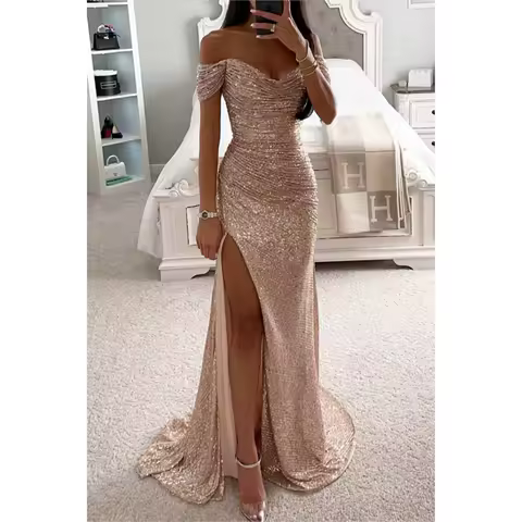Mermaid Champagne Evening Party Maxi Dresses Shiny Sequins Women's Off-Shoulder Split Dress Solid High Waist Floor Length Dress