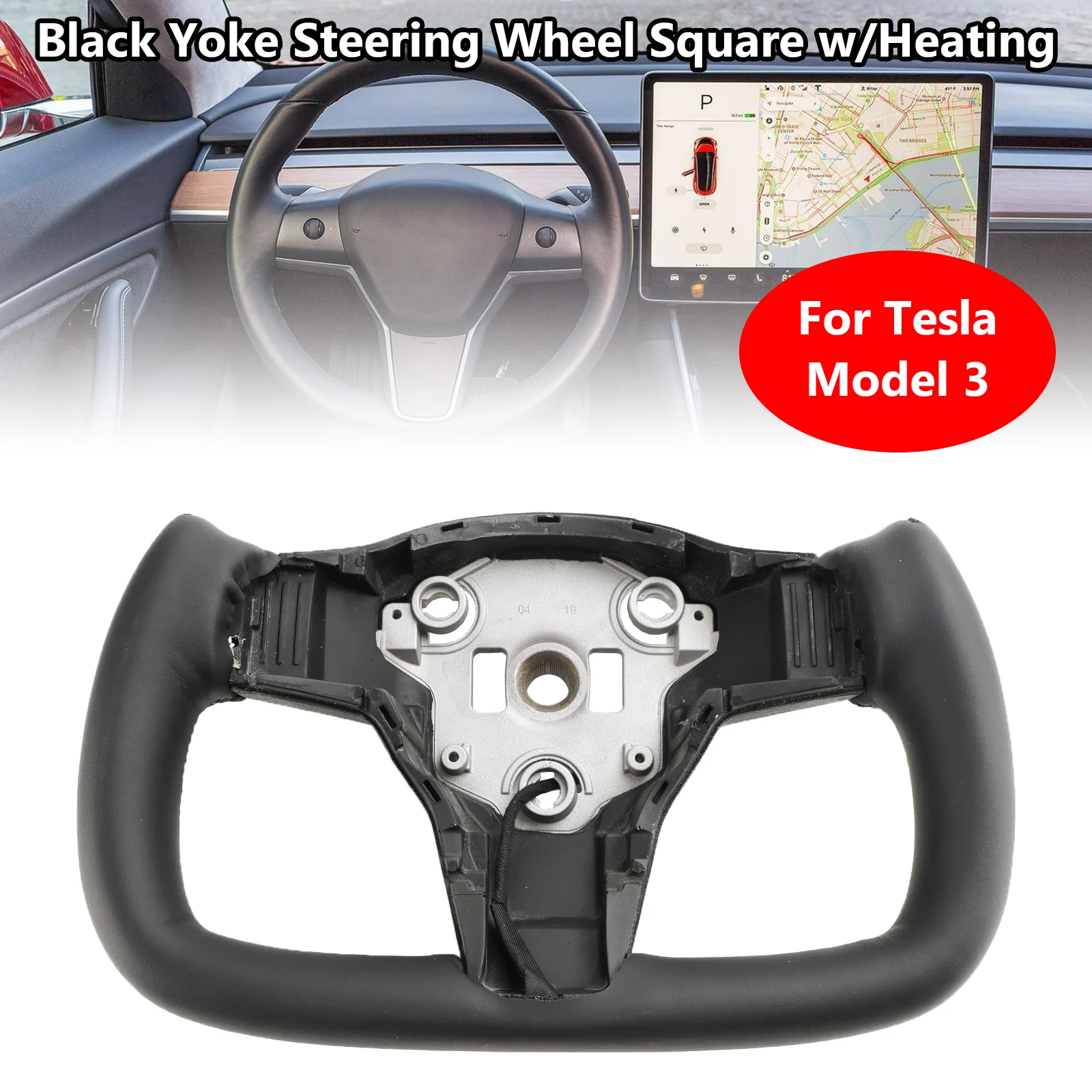 Yoke Steering Wheel Square Black/White Leather w/Heating For Tesla Model 3 2017-2023