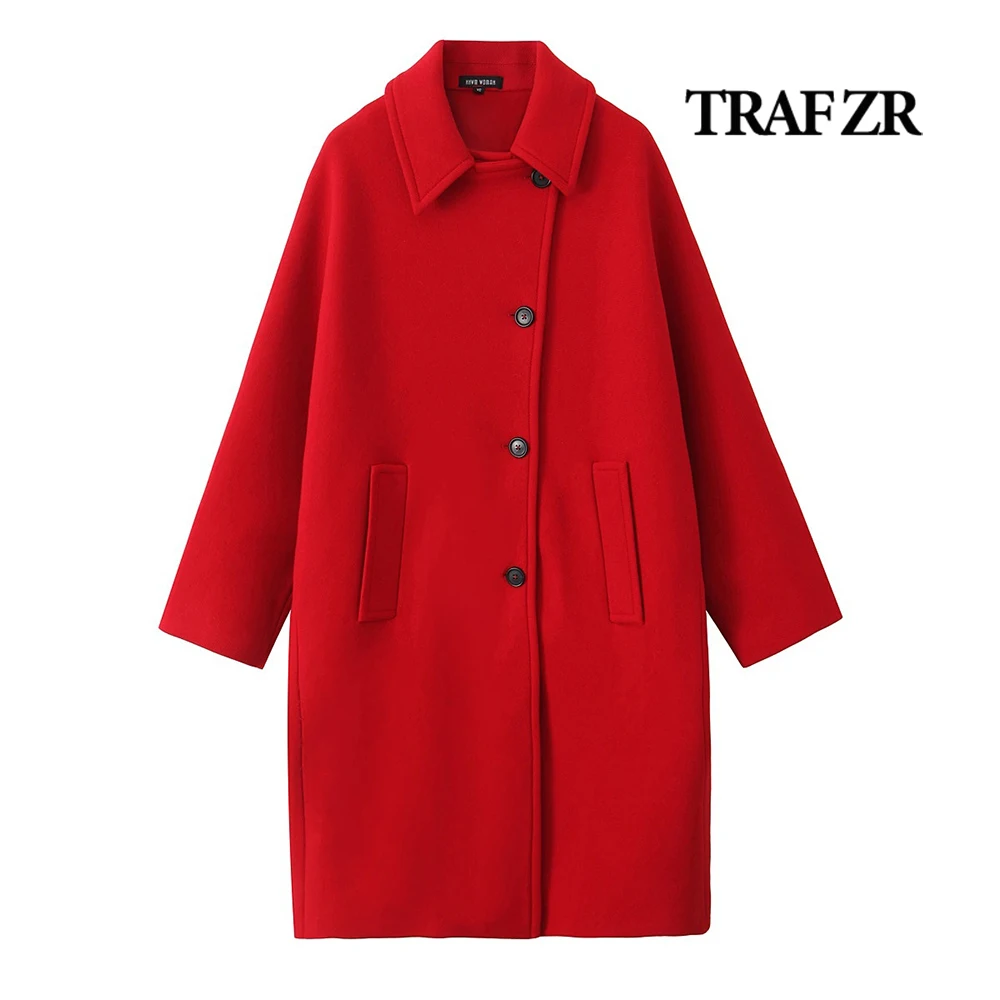 TRAF ZR Vintage Wool & Blend Women Coats Turn-down Collar Elegant Long Sleeve Cardigan Coat Slouchy Aesthetic Basic Mantel Mujer