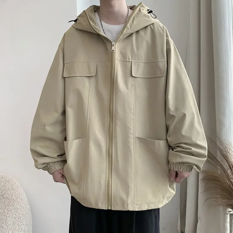 

LIBIELIY Men's Loose Casual Jackets Streetwear Outwear Spring Autumn Camping Jacket Male Hooded Outdoor Solid Color Coats Plus