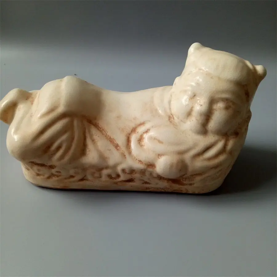 Oriental Ding Kiln White Crackle Glaze Kid Porcelain Pillow Antique Chinese Boy Ceramic Statue Home Desk Decor Craft