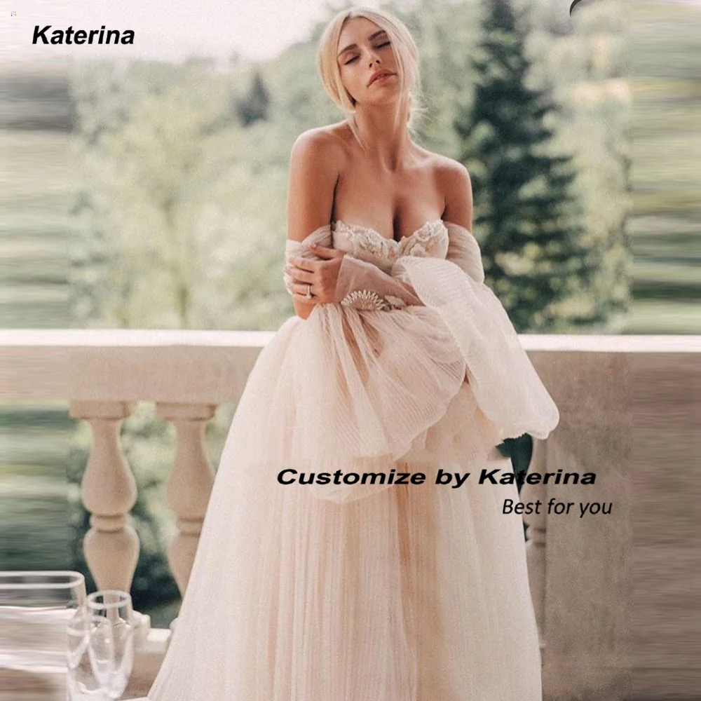 Katerina Sweetheart Princess Wedding Dresses Long Puff Sleeves Pleated Tulle Beach Bridal Gowns A-Line Fluffy Bride Dresses