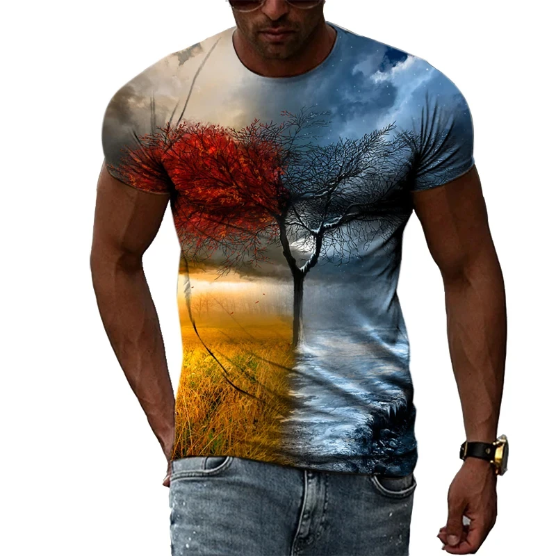 تي شيرت برسومات للمناظر الطبيعية للرجال والنساء ، مطبوع ثلاثي الأبعاد ، ملابس الشارع غير الرسمية ، قمم برقبة دائرية كبيرة ، جبال البحيرة ، الموضة #4