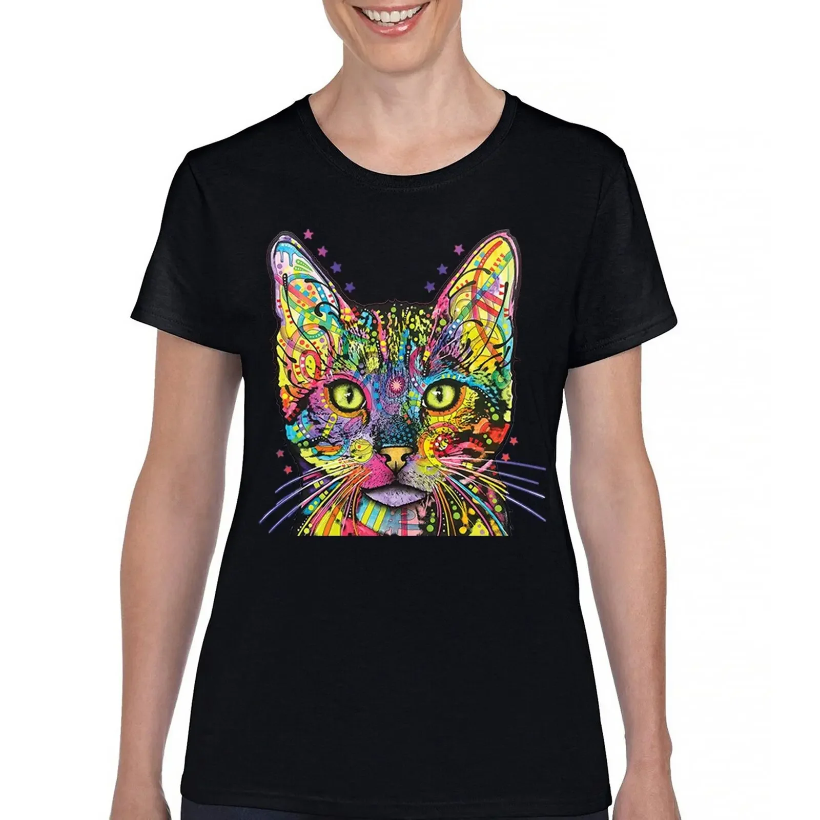 

Dean Russo Shiva Cat Stare T-Shirt Neon Mosaic Colorful Kitten Eyes Women's Tee