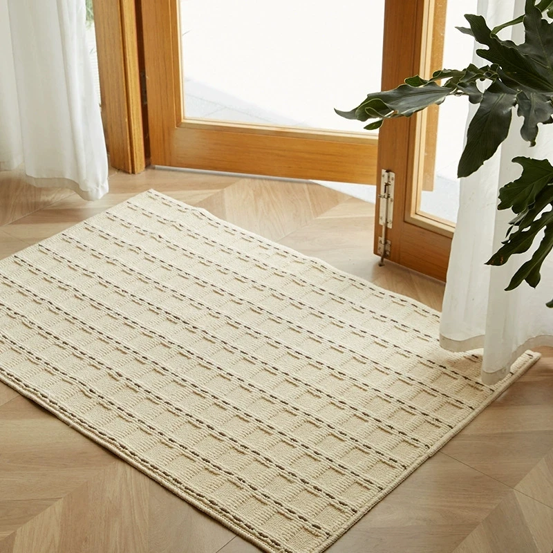 Cream Weave Bathroom Mat Long Tufting Geometric Bedroom Carpet Bedside Rug Floor Non Slip Foot Tidy Pad Aesthetic Home Decor