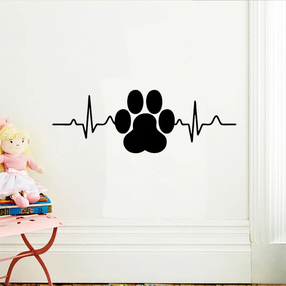 Dog Paw Print Heartbeat Vinyl Art Home Decor Wall Stickers Pet Shop Veterinary Window Decals Removable Murals Wallpaper