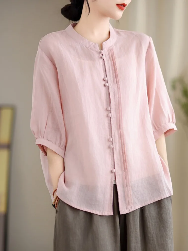 

Retro Cotton Linen Stand Collar irt Women Summer Color Artistic Thin Mom Casual Top Thin Five Sve Button up