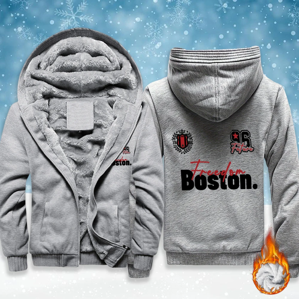 

Мужские флисовые куртки с карманами и принтом Boston Freedom Future, утепленная удобная толстовка с капюшоном, зимняя верхняя одежда на молнии, теплое базовое пальто унисекс
