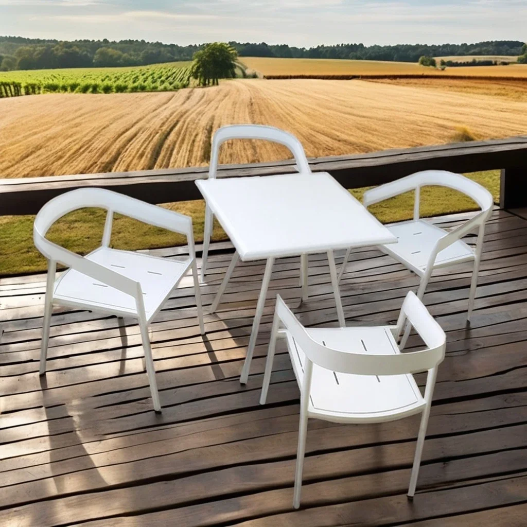 

Furniture White round Iron Aluminum Furniture Outdoor Garden Dining Chair and Picnic Table for Hotel Beach Restaurant Cafe